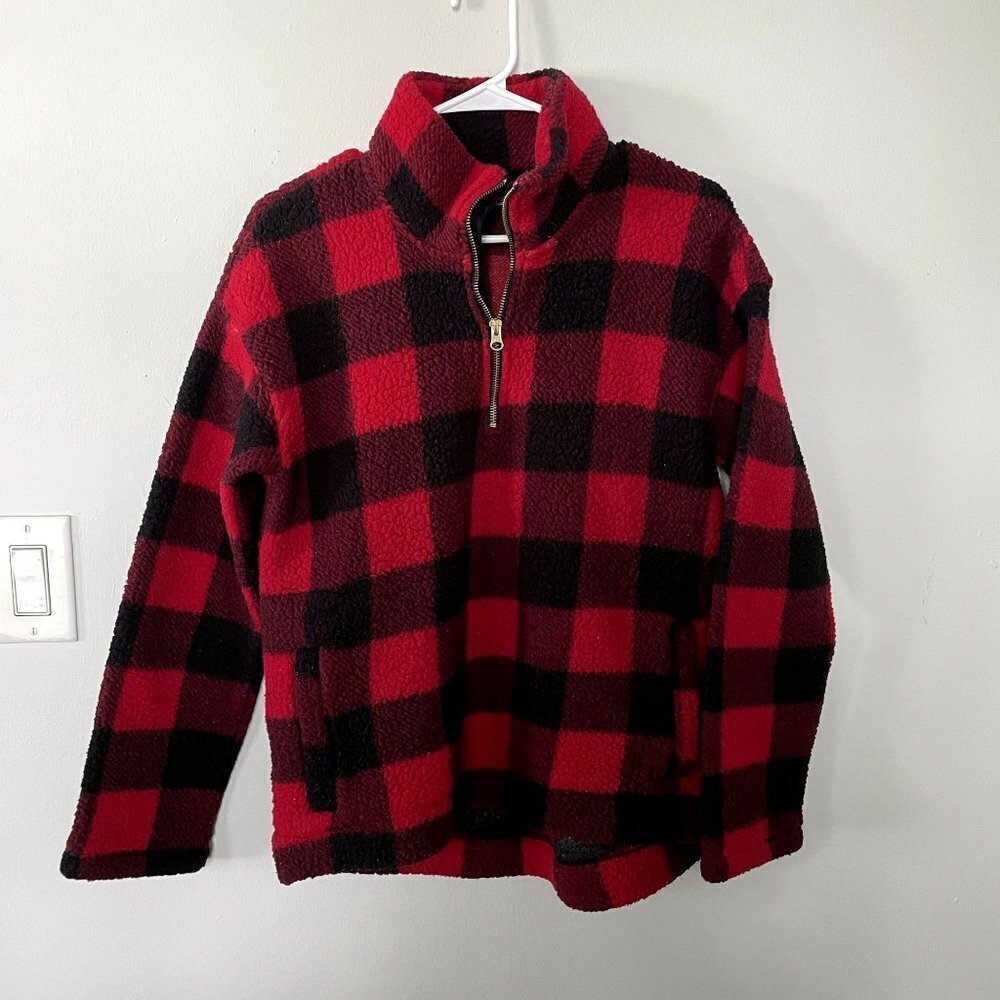 Old Navy Buffalo Plaid Sherpa Fleece Pullover Medium Red Black Womens Half Zip